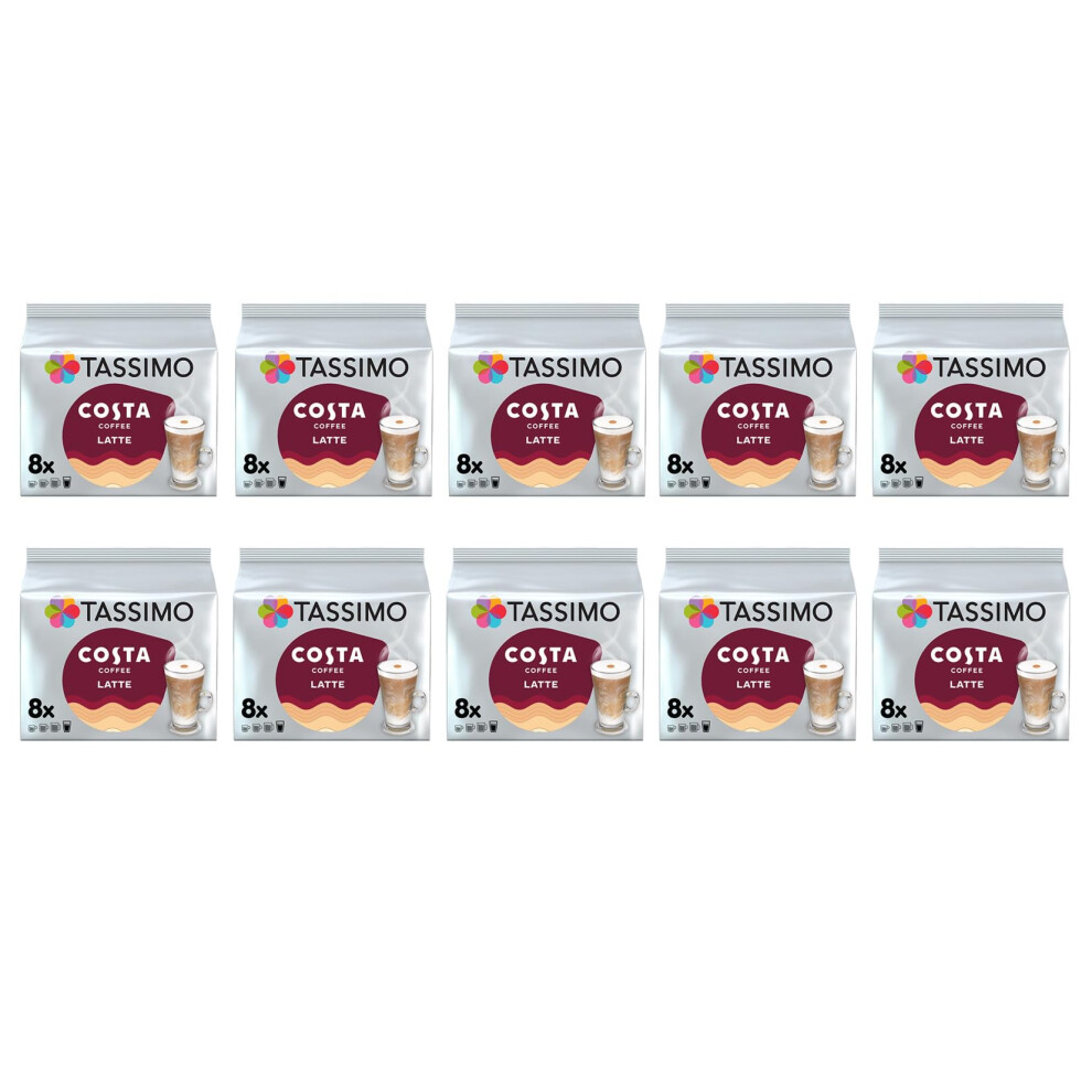 Tassimo Costa Latte Coffee Pods - 10 Packs (Total 80 Costa Coffee Latte Drinks)