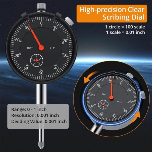 1"/0.001" Dial Indicator,Dial Indicator Gauge Full Metal Construction High Precision Tool for Lathe,Table Saw,Workshop 2