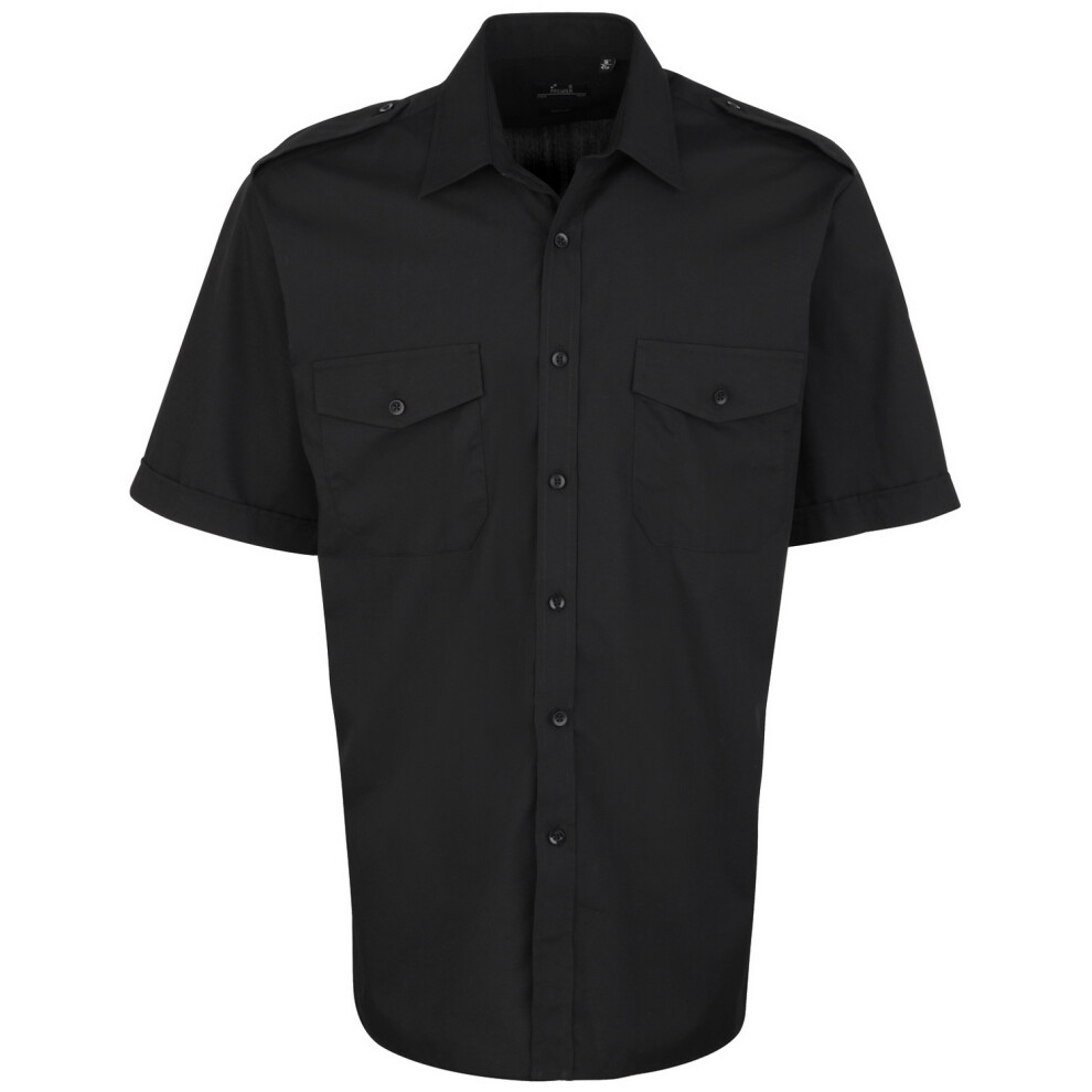 Premier (18, ) Mens Short Sleeve Pilot Plain Work Shirt Black