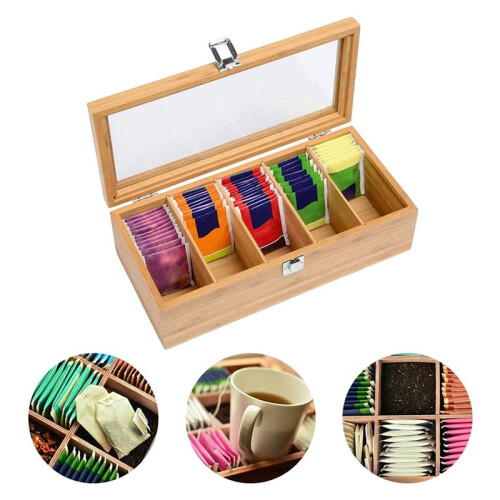 4X Multifunctional Bamboo System Tea Bag Jewelry Organizer Storage Box 5 Compartments Tea Box Organizer Sugar Container 2
