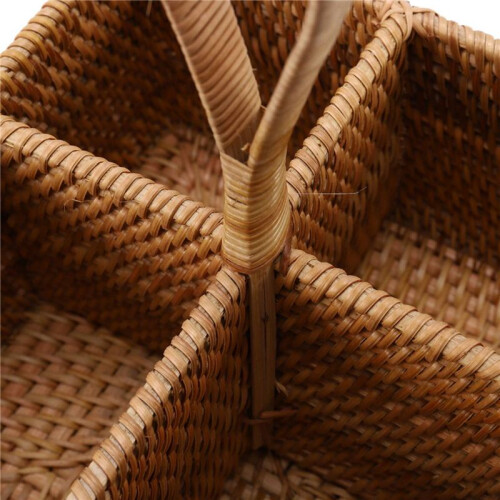 3X Hand-Woven Wicker Straw Storage Basket Portable Four Compartment Classification Storage Fruit Basket Home Storage C 1
