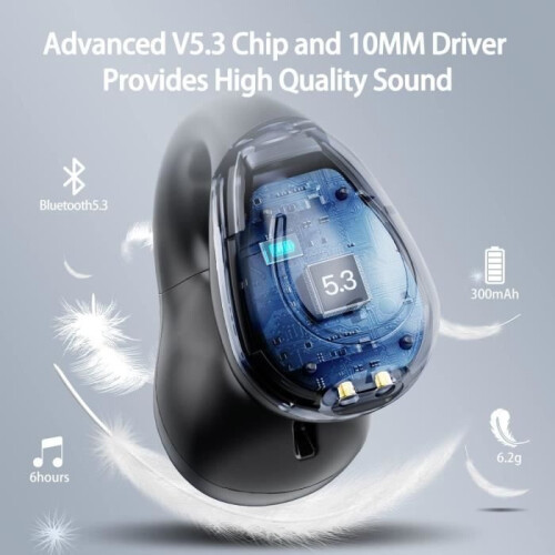Wireless Bluetooth 5.3 Stereo Earbuds with Touch Control, Clip-on Design and LED Display, Black 1