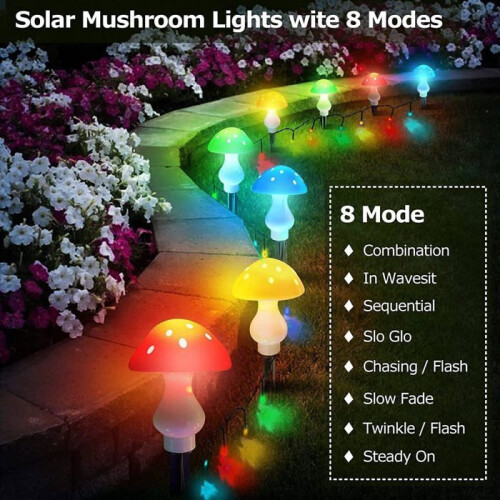 8 Pack Mushroom Solar String Lights, 7 Meters, 50 Lighting Modes, Waterproof, Multicolor Garden Decor 2