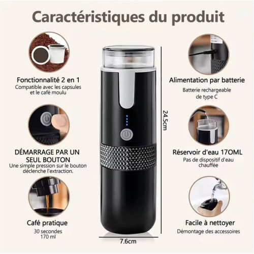 Macchina da caffè portatile da 170 ml, nera, per espresso, caffè macinato e capsule, ideale per casa, ufficio e auto. 1