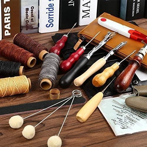 31 Piece Leather Sewing Tool Kit with Awl, Waxed Thread and Thimble for Crafts and DIY Projects