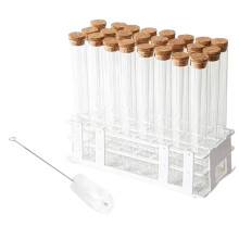 Conjunto de 24 Tubos de Ensaio de Vidro de 80 Ml com Rolhas de Cortiça e Suporte de Plástico com 24 Furos para Tubos de Ensaio de Laboratório.