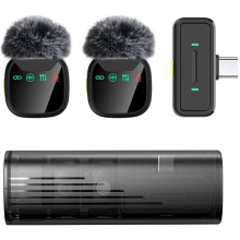 Professionele Draadloze Microfoon met Lade-Oplaadcase voor Android, Dubbele Dasspeldmicrofoon, Transparant Zwart