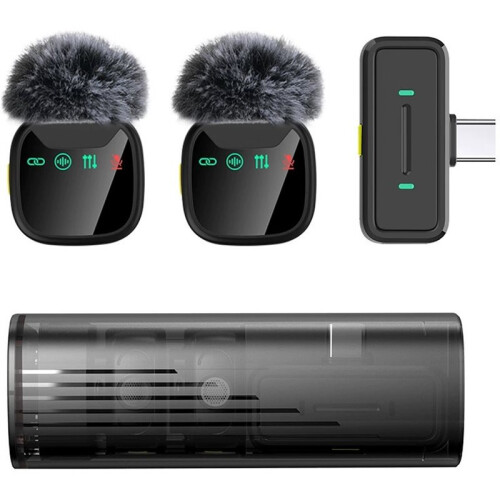 Professional Wireless Microphone with Drawer Charging Case for Android Dual Lavalier Microphone Transparent Black