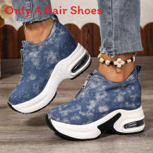 (Blue,36)Zapatillas sin cordones de lona para mujer con tacón medio grueso para otoño ropa informal temporadas