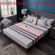 (Grey Pink 3Pcs, 90*200+10cm/35.43*78.74+3.94in) Printed 3pcs Fitted Sheet Pillowcases Set Elastic Band Bedsheet Mattress Cover