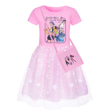 (Pink,130cm)Kpop Dämonenjäger Muster Mädchen Kleid mit Baumwollstoff Sommer Geschenk Kleidung