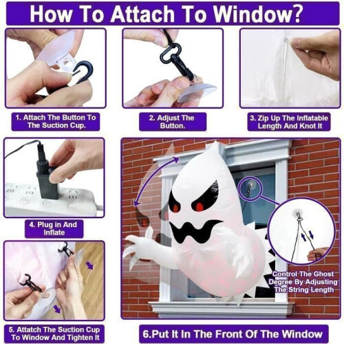1.4m Inflatable Halloween Ghost, Hanging Inflatable Window Decoration with Built-in Red LED String Lights 2