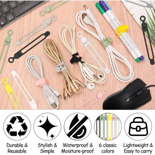 18 attaches de câble en silicone, élastiques de câble en silicone, fixations en silicone (6 couleurs)