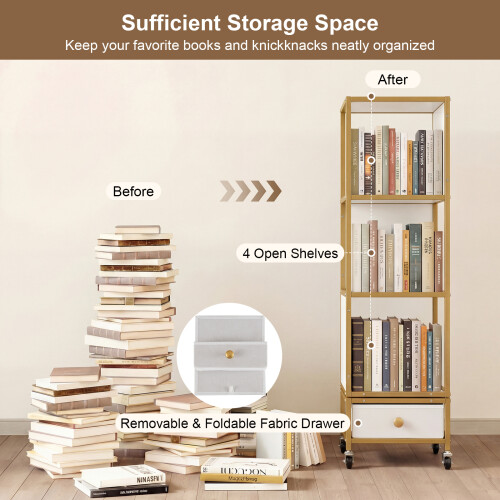 Costway 4-Tier Rotating Bookshelf on Wheels 360 Spinning Corner Shelf Tower 2