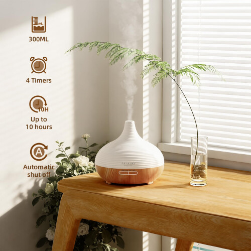 ASAKUKI 300ml Essential Oil Diffuser, Wood Grain Ultrasonic Aromatherapy Diffuser, Quiet Diffuser with 4 Timers, Auto Shut-Off & Colour-Changing LED 2
