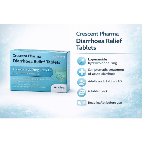 Crescent Pharma Loperamide Hydrochloride 2mg Tablets, Diarrhoea Relief Tablets, Oral Use, 6 Tablets