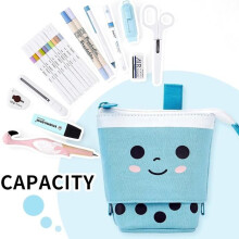 Cute Pencil Case, Standing Pen Holder, Telescopic Stationery Case - Blue