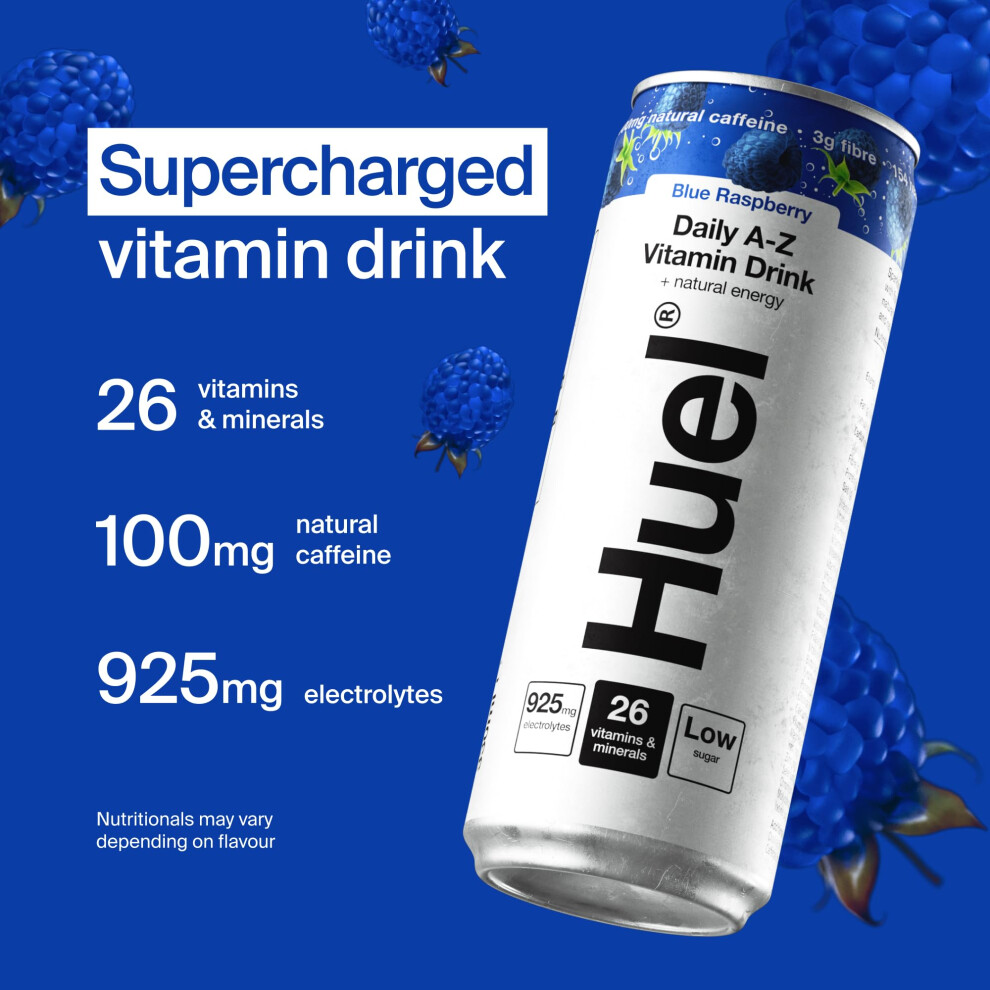 Huel Daily Az Vitamins Energy Drink 12 X 330Ml Cans Raspberry Spa Blue