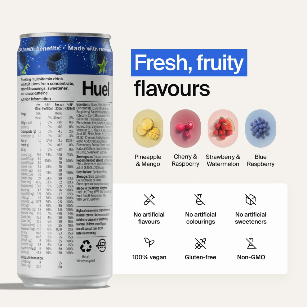 Huel Daily Az Vitamins Energy Drink 12 X 330Ml Cans Raspberry Spa Blue