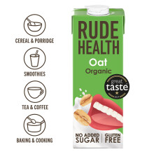 Rude Health 6 x 1 Litre Organic Oat Dairy-Alt Milk, 100% Natural Organic Drink, Lactose Free, Dairy Free & Gluten-Free, No Added Sugar, Award-Winning
