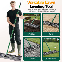 76x25cm Lawn Levelling Rake , Heavy Duty Lawn Leveller with 85-195cm Adjustable Handle, Foldable Ground Leveling Lute for Soil, Sand, Gravel, Ergonom