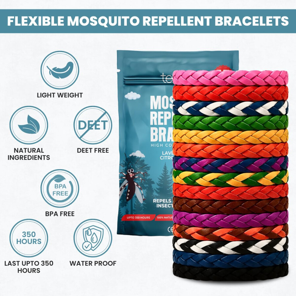 Teepu Mosquito Repellent Bracelet 15 Pack, Mosquito Bands - 350 Hours Insect Repellent Protection, Deet-Free, Natural Insect Repellent Bracelet For Adults