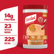 SlimFast • Meal Replacement Powder • Caramelised Biscuit Flavour • Weight Loss Formula • 225 Cals • 14g Protein • 23 Vitamins + Minerals
