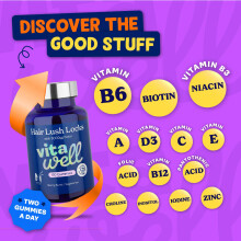 Vitawell Hair Lush Locks Gummies - Hair Growth + Skin + Nails Vitamins Chews | Complex Formula 5000µg Biotin + Zinc + Vitamin A, D3, C, B12 | 60 Berr