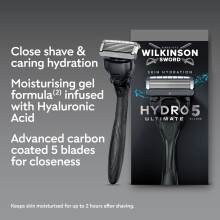 Wilkinson Sword Hydro 5 Ultimate Razors for Men, Value Pack, Hyaluronic Acid, Carbon Coated Blades, Men's Shaver Razor Handle Plus 5 Blade Refills