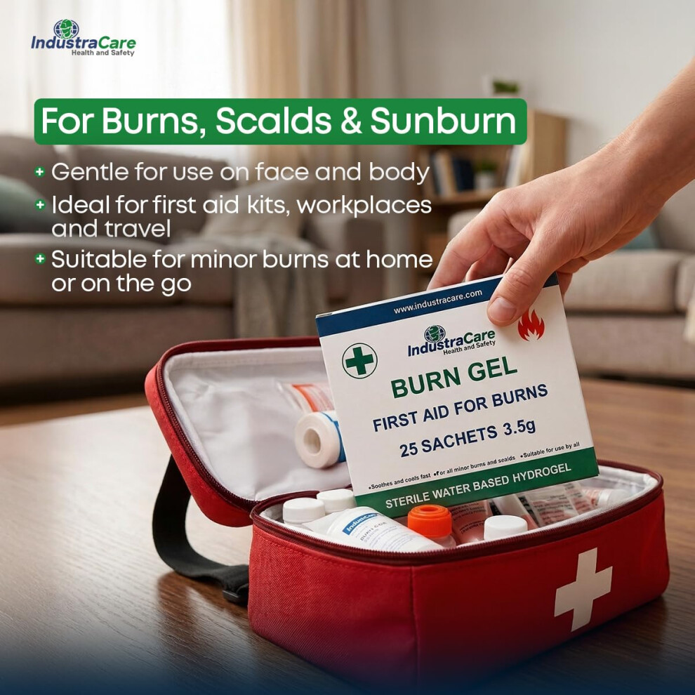 Industracare 25 Pack Sterile Compact 3.5G Burns/Scalds/Sunburn Sachet Blots Emergency First Aid Gel Rapid Treatment, Soothes & Cools