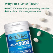 Nature's Best Super Strength Lactase Tablets 9000 FCC Enzyme Units - Max Strength Digestive Enzyme - UK Made - 60 Tablets (1 Month's Supply)