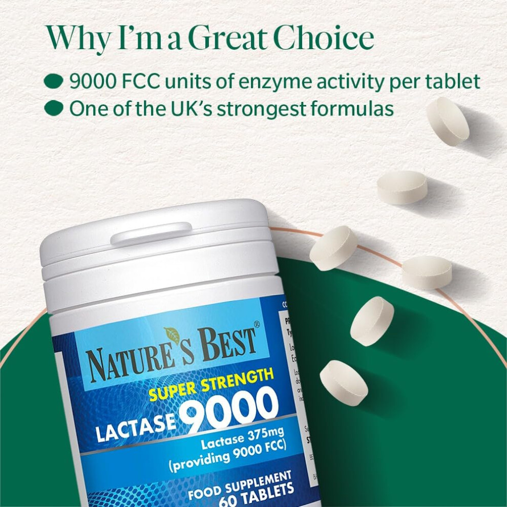 Nature's Best Super Strength Lactase Tablets 9000 Fcc Enzyme Units - Max Strength Digestive Enzyme - Uk Made - 60 Tablets (1 Month's Supply)