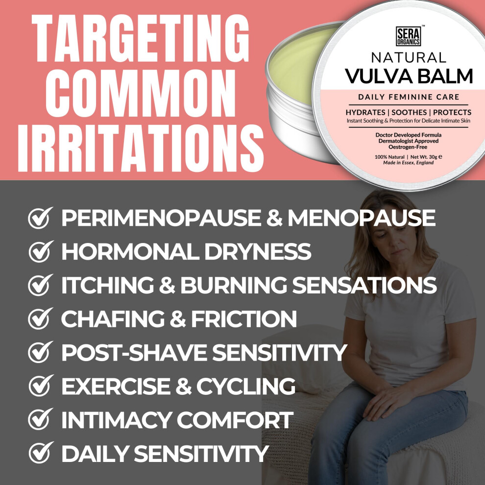Sera Organics Vulva Balm Cream For Vaginal Dryness, Menopause & Perimenopause Â Doctor-Developed, Oestrogen-Free Intimate Moisturiser, Soothes Itching, Irritation