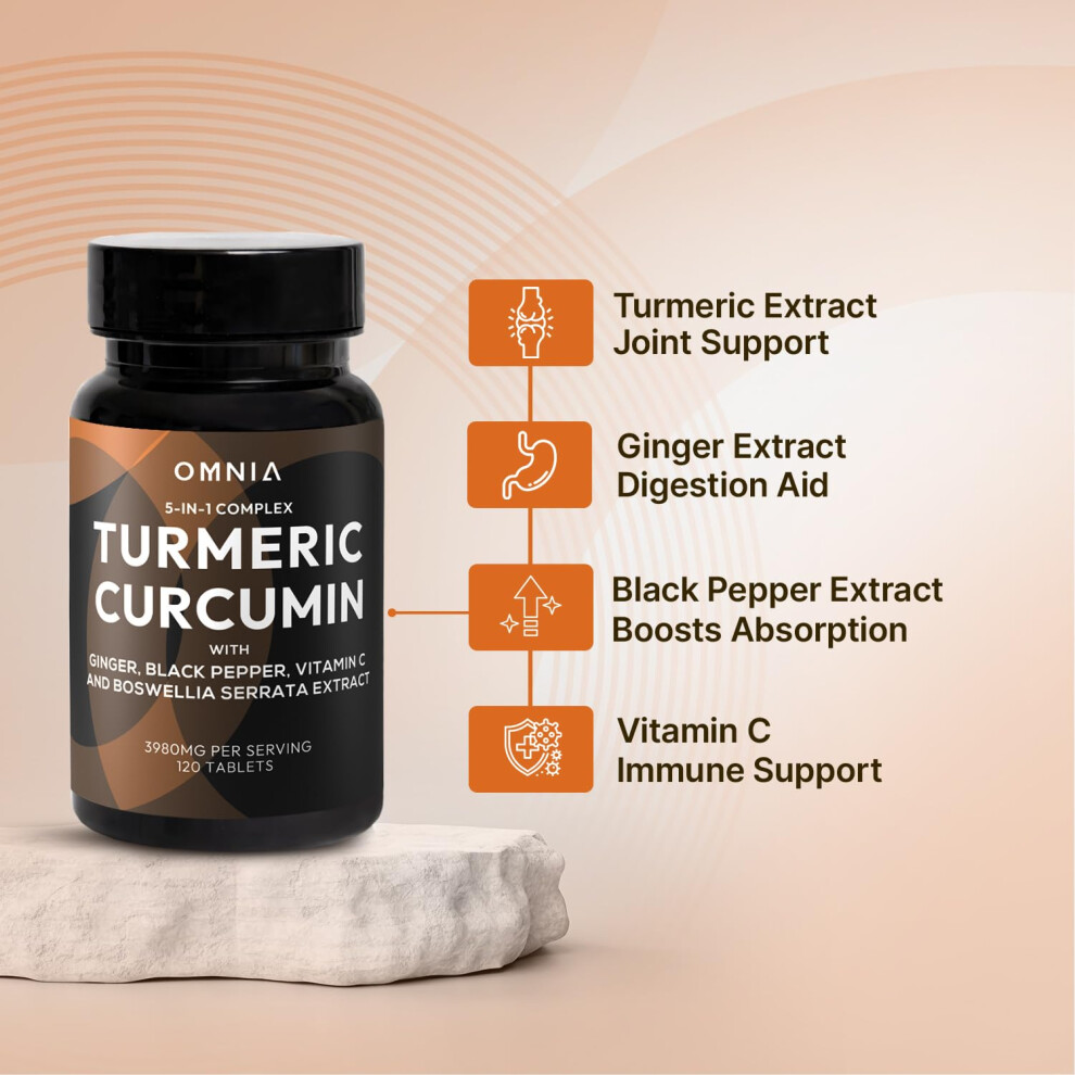 Omnia Black High Strength Turmeric Complex 3980Mg Â Turmeric Curcumin C3 With Ginger, Boswellia, Pepper & Vitamin C 60 Tablets, Joint Pain Relief,