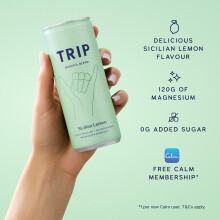TRIP Sicilian Lemon Sparkling Drink with 120MG calming Magnesium + Lion’s Mane + Chamomile + Lemon Balm. Low Calorie, No Added Sugar and Vegan (Pack
