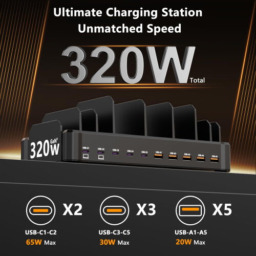 320W Charging Station for Multiple Devices with 10 Cables, 10-Port 1