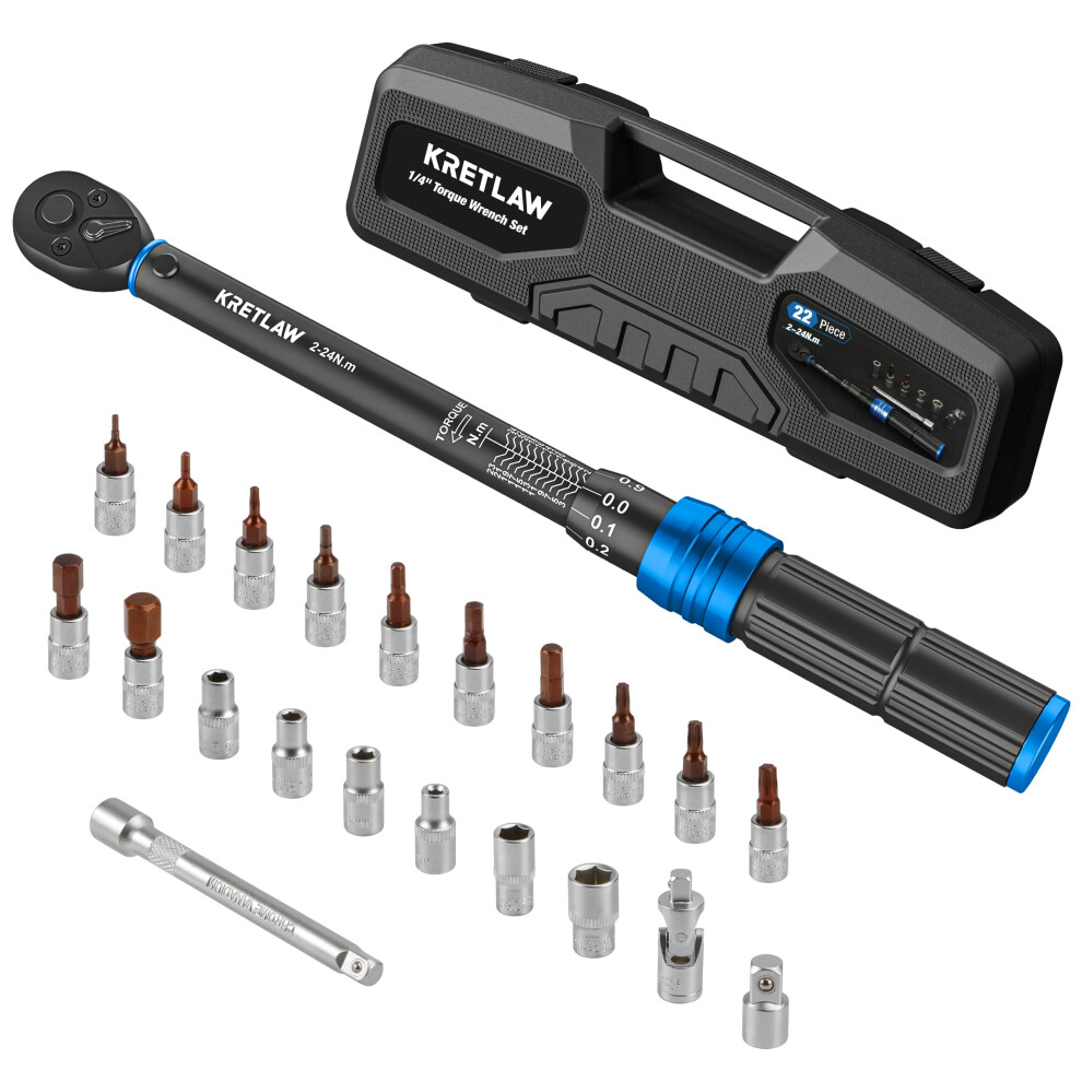 Kretlaw 22-Piece Torque Wrench Set 1/4", Reversible 2-24 Nm, 72 Teeth Ratchet Drive Click Torque Wrench, 3% Accuracy With Extensions, Sockets, Adapt 4747712146492