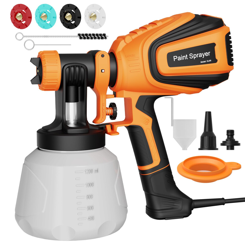 Paint Sprayer, 700W Hvlp Electric Spray Gun With 1200Ml Container, 1000Ml/Min, 4 Nozzles & 3 Patterns, Adjustable Flow, Cleaning & Blowing Joints, Fo 9514607370431