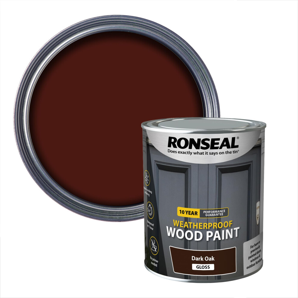 Ronseal 10 Year Weatherproof 2-In-1 Wood Paint Oak Gloss 750Ml Dark