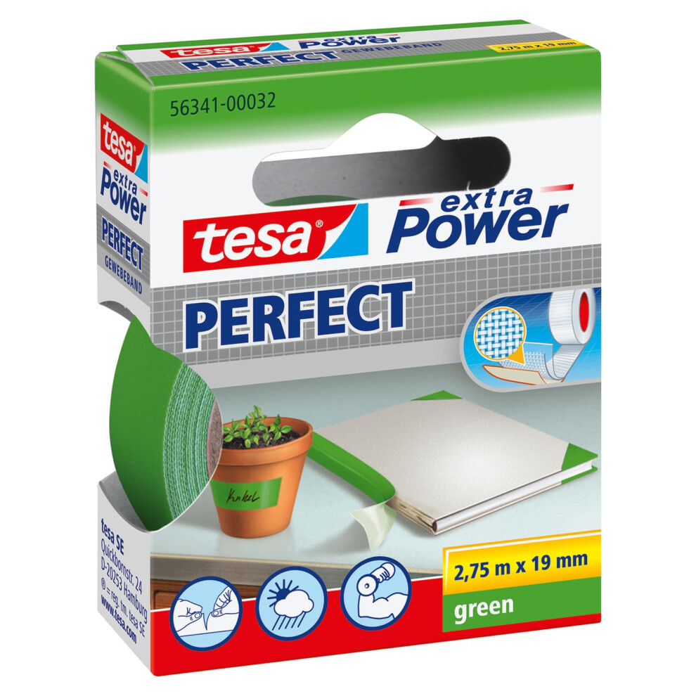 Tesa Extra Power Perfect Cloth Tape - Fabric-Reinforced Repairing Tape For Crafting, Repairing, Fastening, Reinforcing And Labelling - Green - 2.75 M 1328731887257