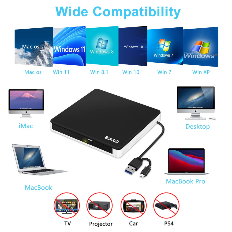 External Cd Dvd Drive, Usb 3.0 & Type-C Cd/Dvd Rw Rom Burner Rewriter Writer Reader With Sd/Tf & 2 Usb, Slim Optical Dvd Player For Laptop Pc Windows 5009317505494