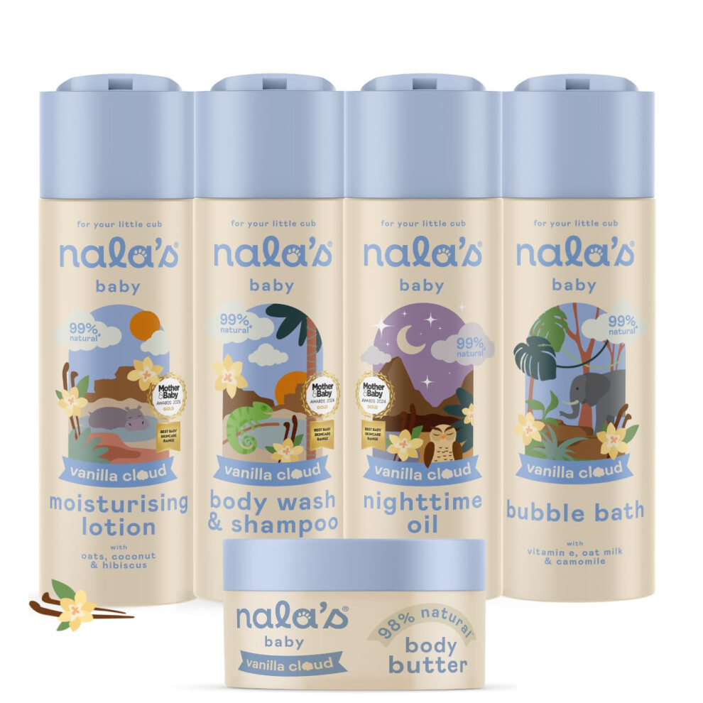 Nala's Baby Vanilla Cloud Complete Bundle | Full Vanilla Cloud Range Of Body Wash & Shampoo, Body Lotion, Nighttime Oil, Body Butter, Bubble Bath | A