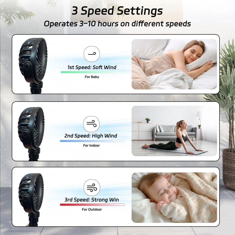 Ceruletree Portable Pram Fan, Rechargeable Stroller Fan, Flexible Tripod Clip On Fan With 3 Speeds & 360 Rotation, Handheld Personal Fan With Led Night Light,