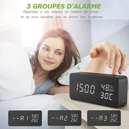 Artificial Wood LED Alarm Clock with Time, Date, and Temperature Display, Voice Control, and Adjustable Brightness 1