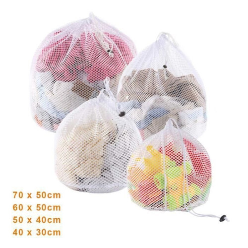 Drawstring Laundry Bag, 4 Sizes, White Mesh Laundry Net for Washing Machine, Bras, Baby Clothes, 4 pcs 1
