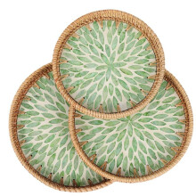 3 Plateaux Ronds en Rotin avec Incrustations de Nacre, Style Bohème, pour Table Basse.