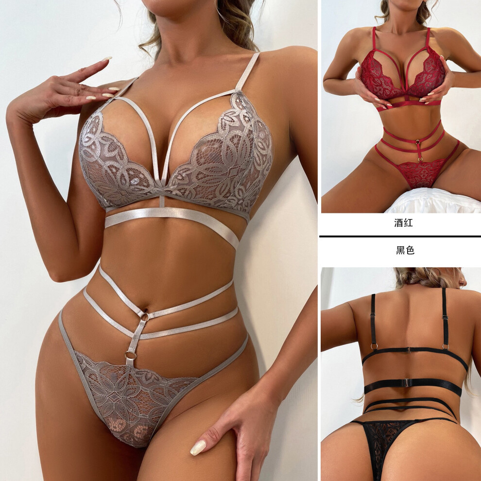 (Silver, L) Lace European and American sexy lingerie Passionate two-piece set hollow see-through