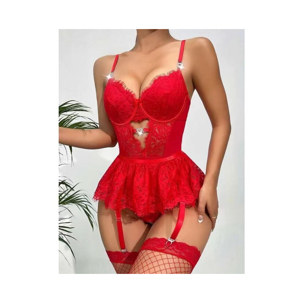 Red (, M) European And American Sexy Temptation Lingerie Set Lace Embroidery Valentine's Day Passion Uniform