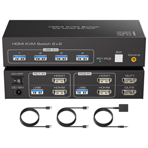KVM Compatível com  para 2 Monitores e 2 Computadores, 4K60Hz, para Compartilhamento de Dois PCs ou Laptops (UE) 2