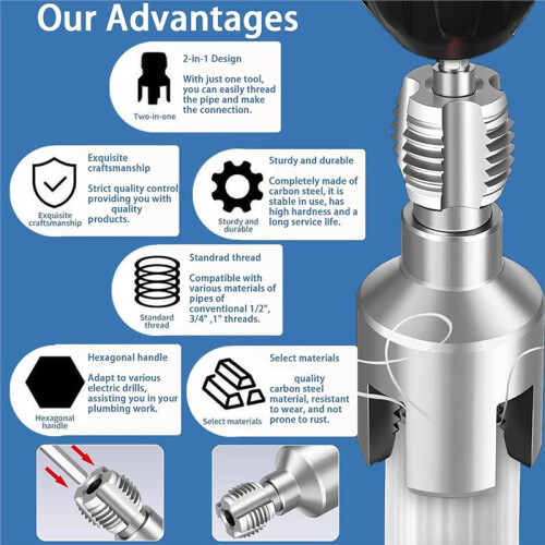 Pipe Tapping and Threading Tool, Premium Carbon Steel Dual-Function Internal & External Pipe Threader Sizes Pipes Suit